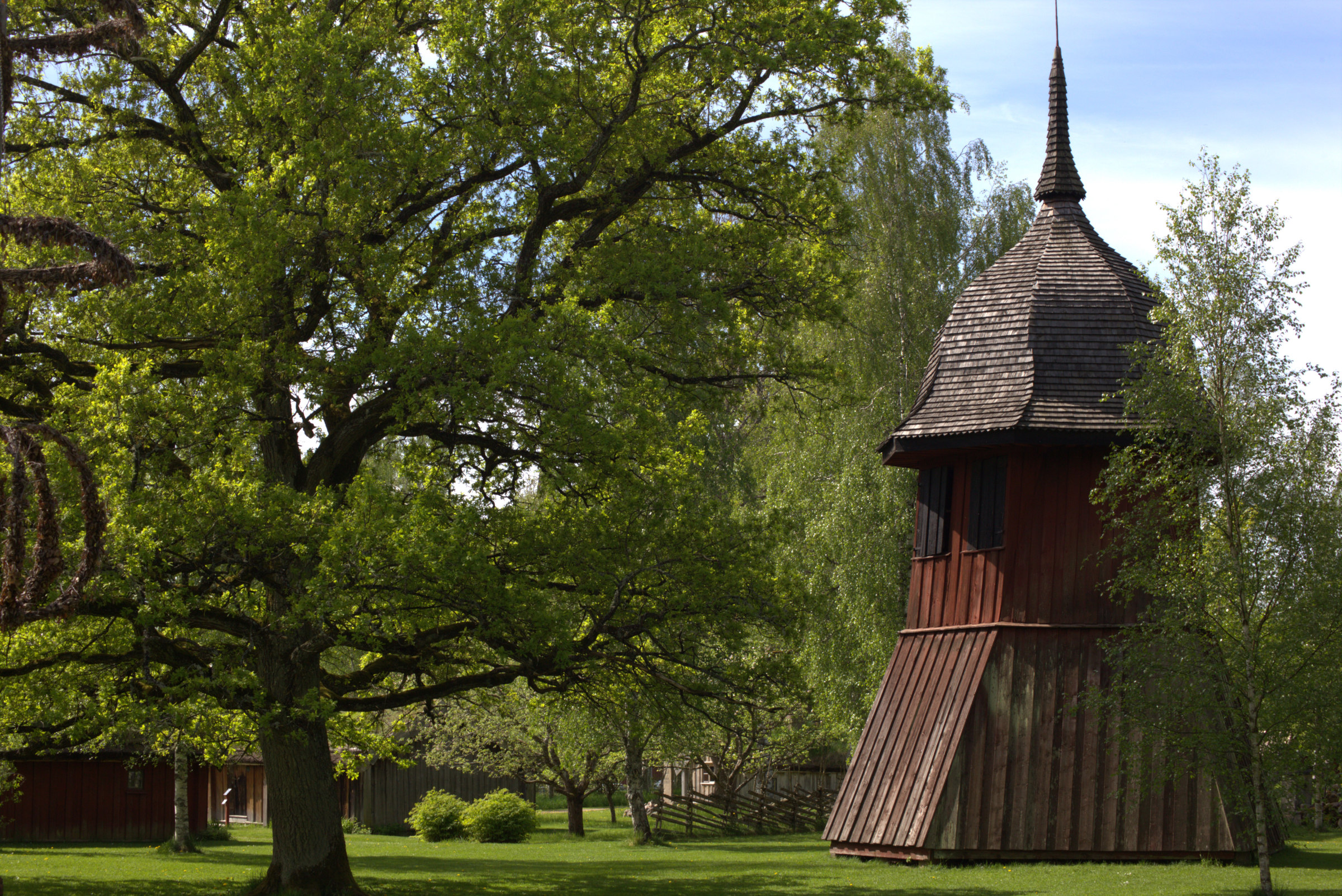 The bell tower in Fornbyn in summer