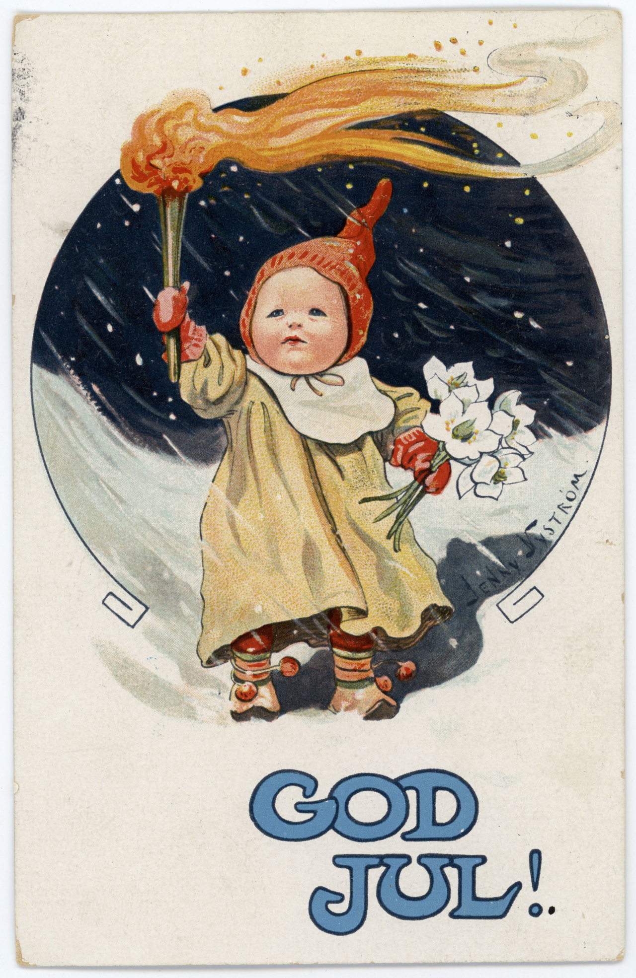 Ett barn på skidor hållandes en fackla i ena handen och en blombukett i andra.