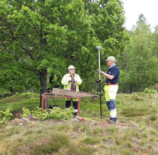Arkeologer i fält med instrument